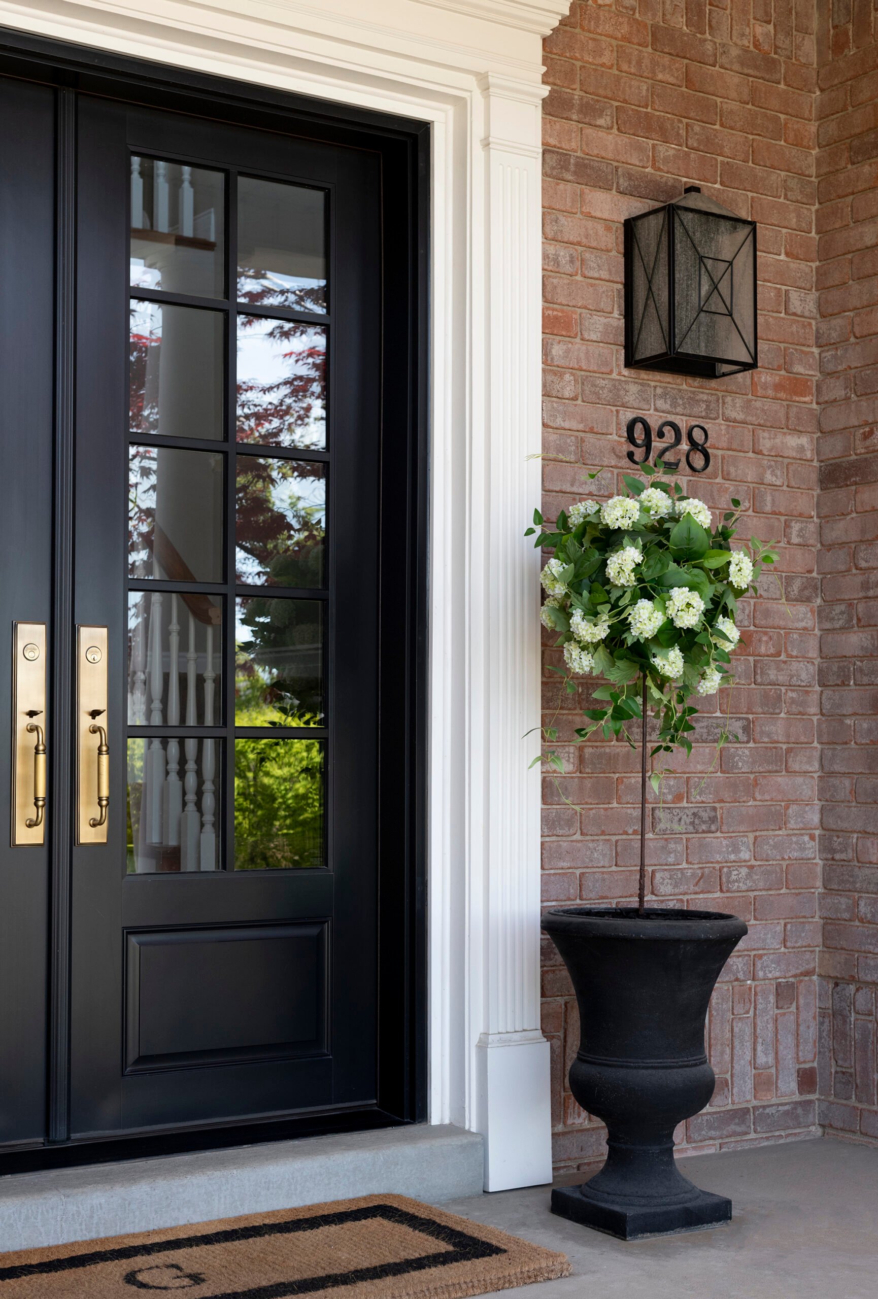 Brick colonial facade with black front doors and a hydrangea topiary in a black planter