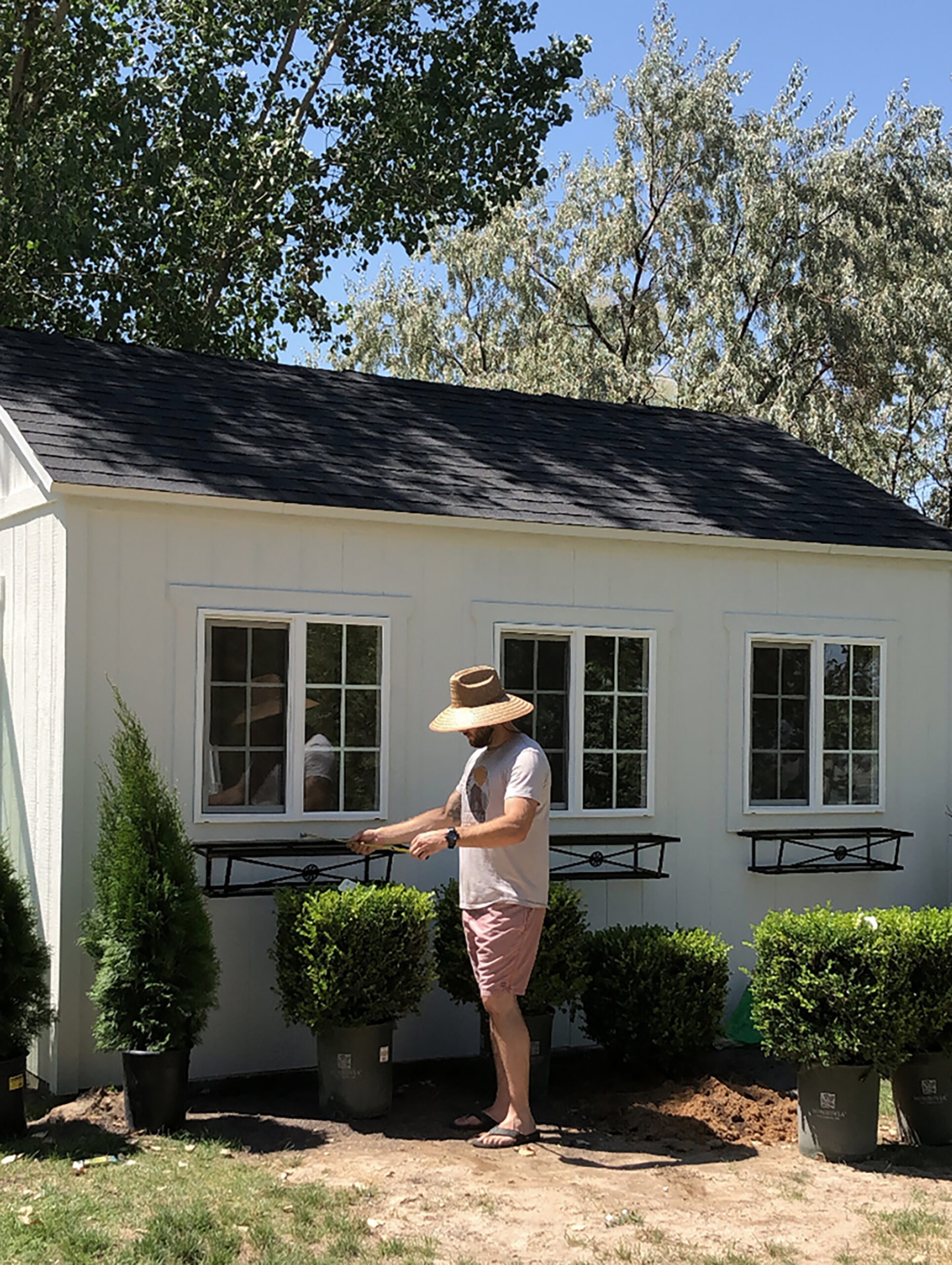 In progress photo of planting landscaping around a storage shed in a backyard with window planters, boxwoods, and arborvitae. Landscaper is measuring and planning where the plants will be planted.