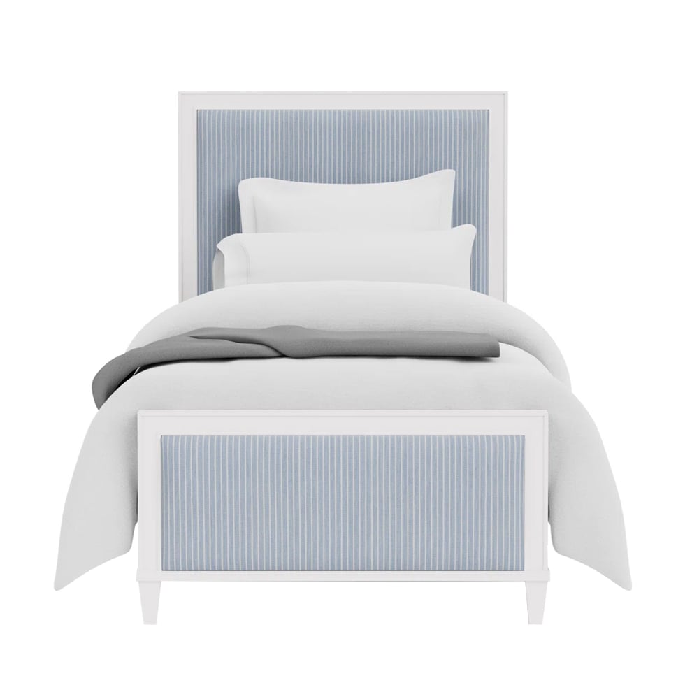 Striped upholstered and wood twin bed