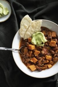 Vegan Sweet Potato Chili with Lime Crema - roomfortuesday.com
