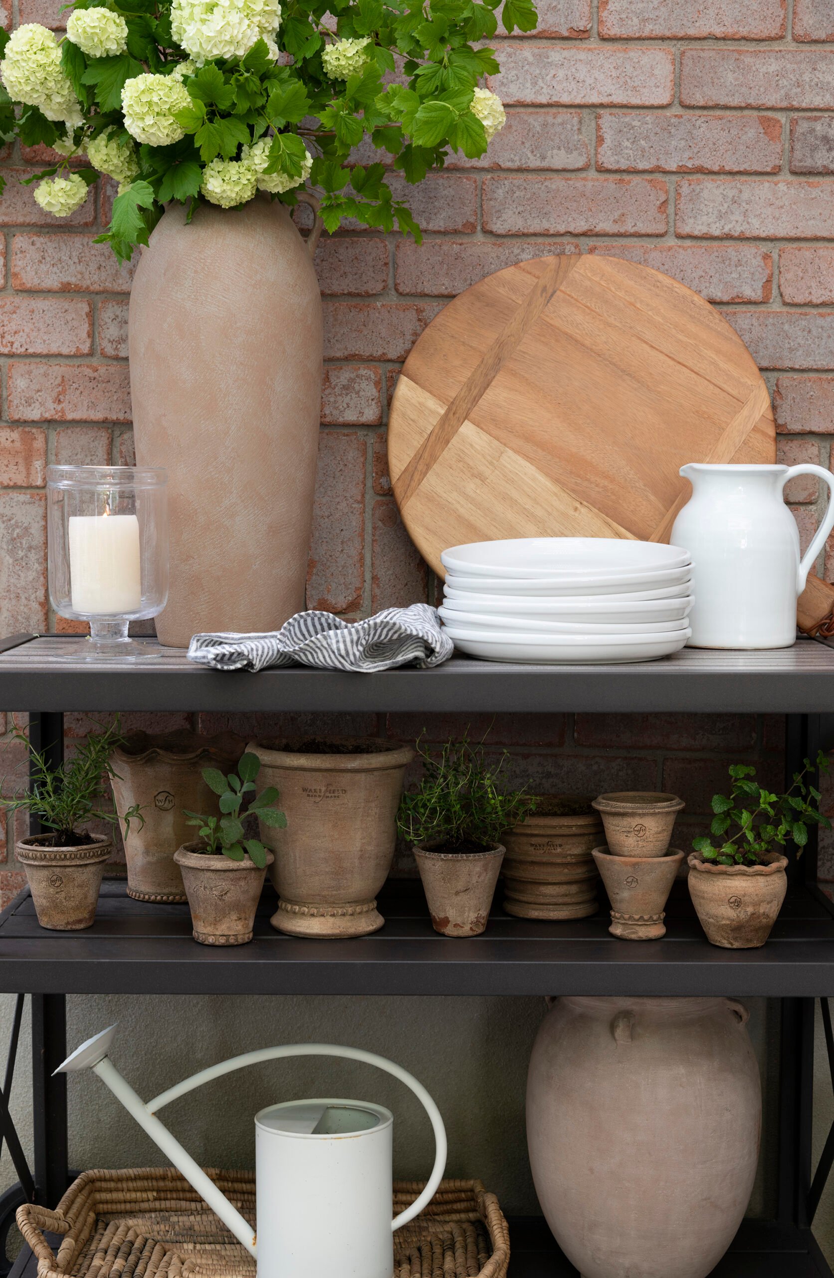 Classic terracotta planters for herbs on outdoor planting bench or cart with dishes and flowers