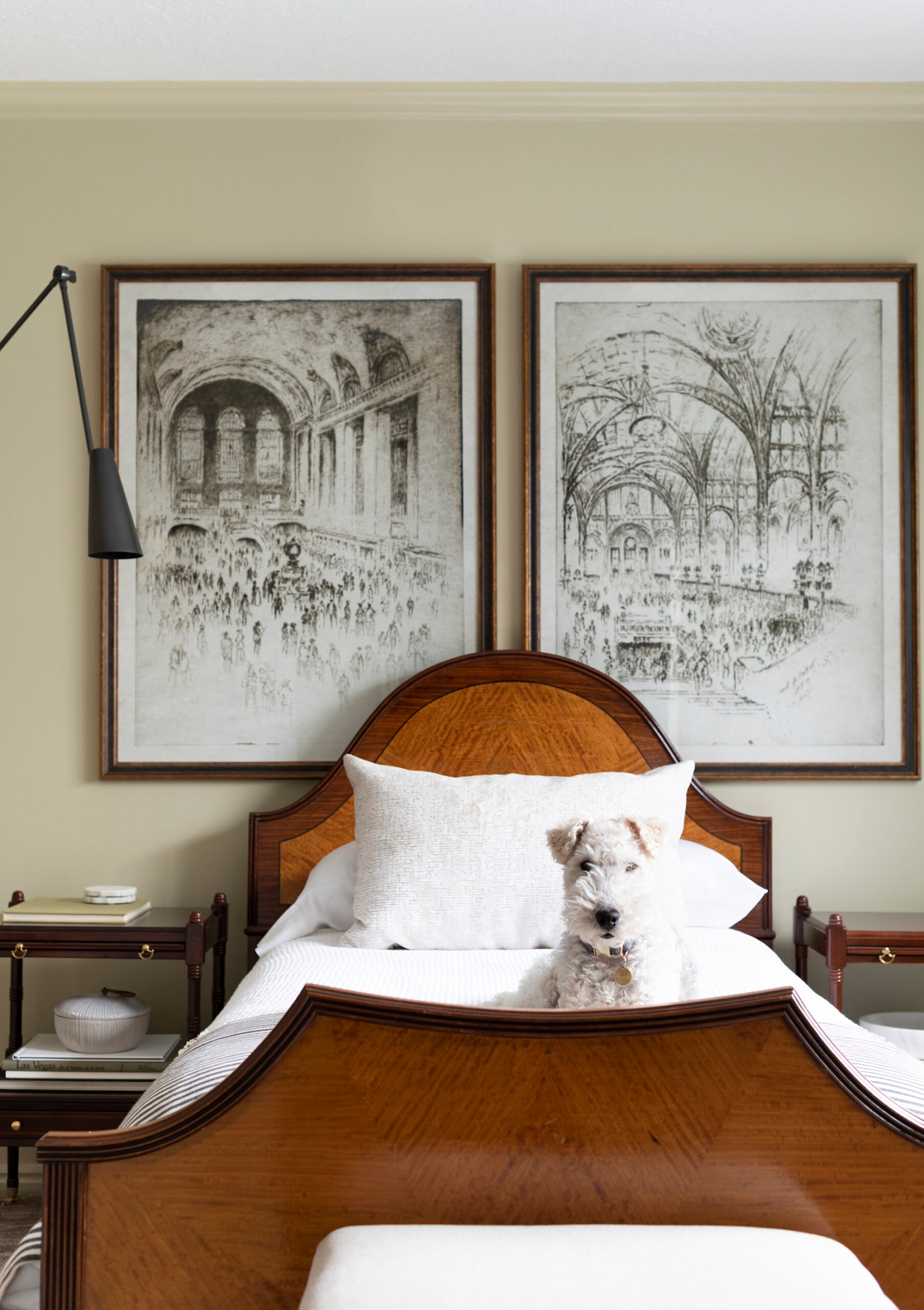 Timeless Wood Bed Frame with Large Scale Art and Cute Dog